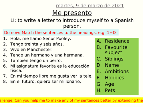 Me presento - letter of introduction to penfriend