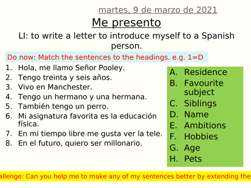 Me presento - letter of introduction to penfriend lesson powerpoint