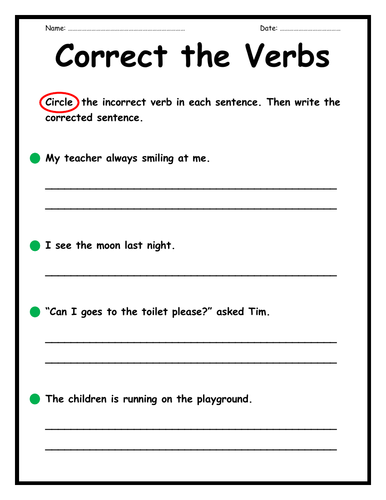 verbs worksheets correct the verbs missing verbs teaching resources