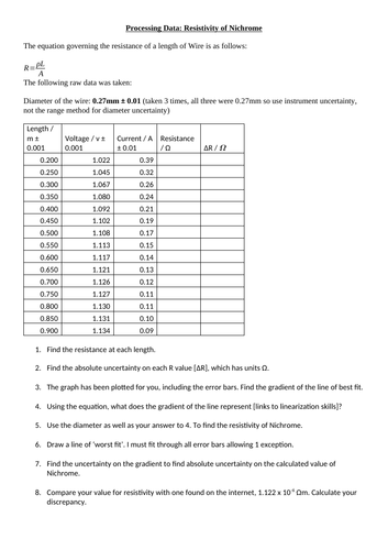 Resistivity Experiment - Processing data and Uncertainties