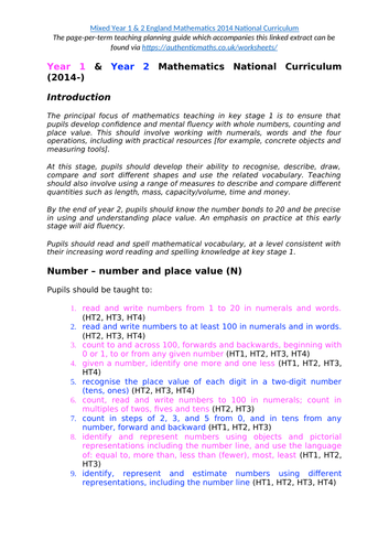 Year 1/2 maths curriculum extract for planning guide