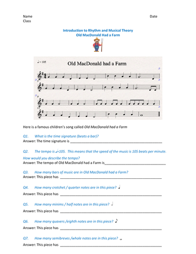 KS2 and KS3 Fun Music theory worksheet Old MacDonald