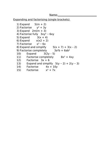 EXPANDING AND FACTORISING (SINGLE BRACKET)