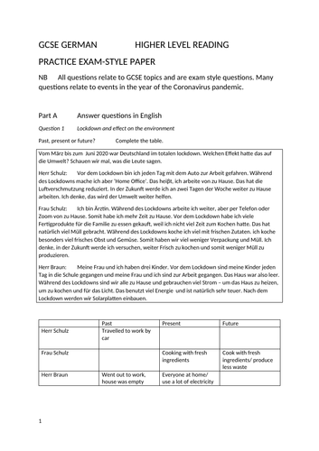 Exam Style GCSE German Higher Reading  Paper