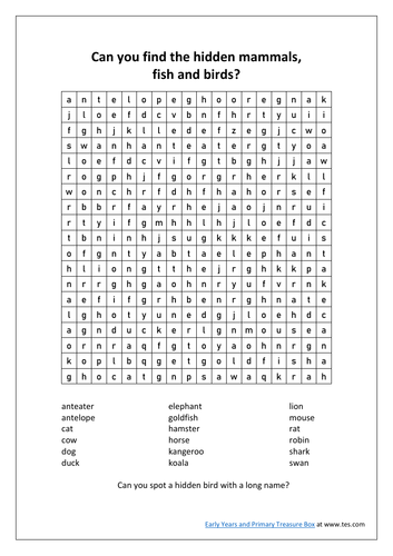 KS1 KS2 living things word search science mammals birds and fish vocabulary