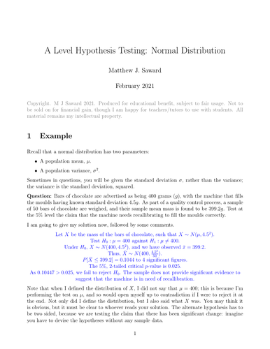 A Level Hypothesis Testing: Normal Distribution
