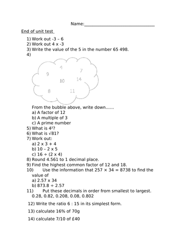 YEAR 7 END OF UNIT TEST