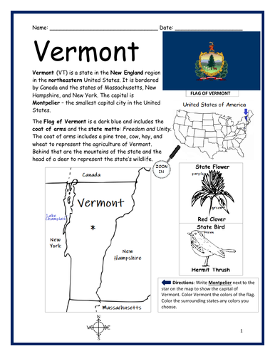 VERMONT - Introductory Geography Worksheet