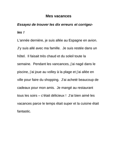 Mes vacances - Find the errors