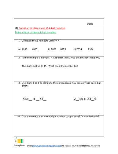 COMPARING 4DIGIT NO.S KS2 STARTER TASK