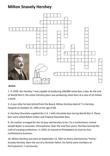 Milton Snavely Hershey Crossword Teaching Resources