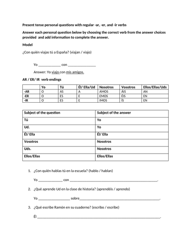 Present tense ar er ir verb questions