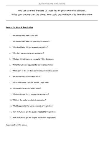 Year 8 Breathing and Respiration lessons (8C Exploring science)