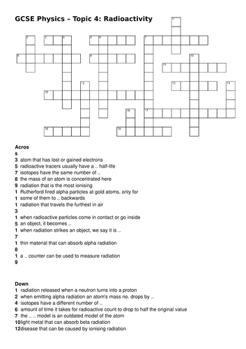 AQA 9-1 GCSE Science/Physics - Radioactivity / Atomic structure crossword