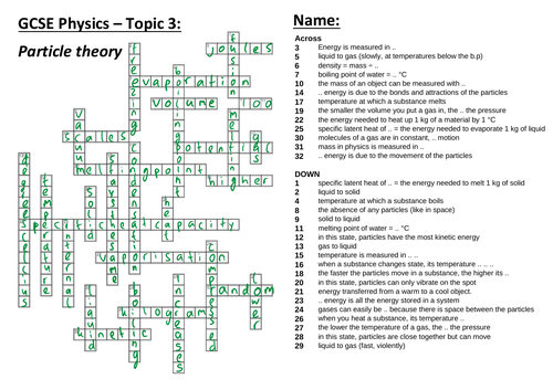 AQA 9-1 GCSE Science/Physics- Particle theory crossword