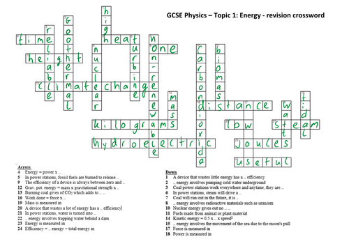 AQA 9-1 GCSE Science/Physics- Energy crossword