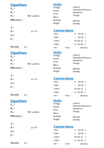 AQA 9-1 GCSE Science/Physics- Formula review