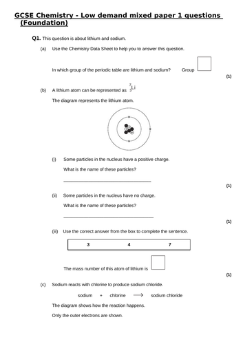 Aqa 9 1 Gcse Sciencechemistry Paper 1 Mixed Exam Questions Teaching Resources 3635