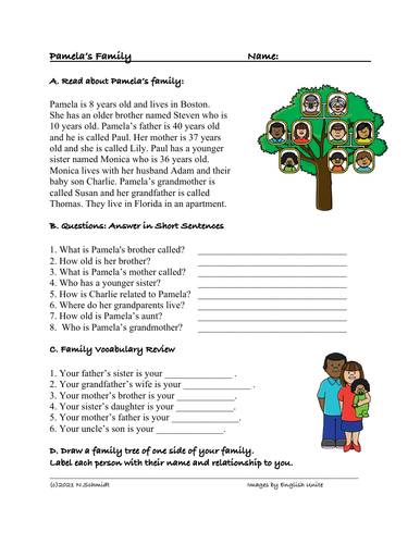 Family Reading and Worksheet in English (ESL/ELL/EFL)