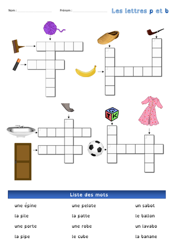 [French, basics 1st & 2nd grade] Crossword - Letters b and p