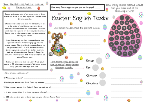 Easter Themed English Lesson Fun Task A3 Sheet: Reading Comprehension,  Word Scrabble Games