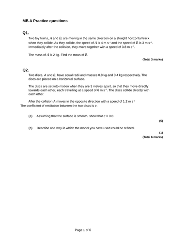 AQA Further Mathematics Applied (Mechanics) Revision Materials and Test