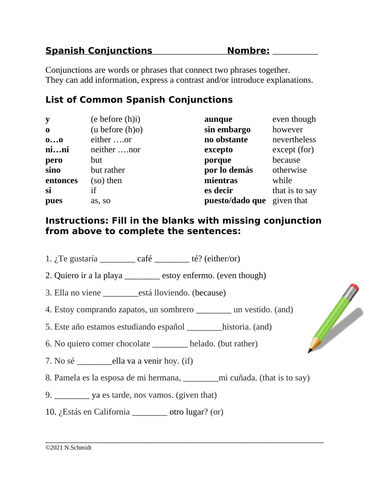 Spanish Conjunctions / Linking Words Worksheet (Conjunciones)