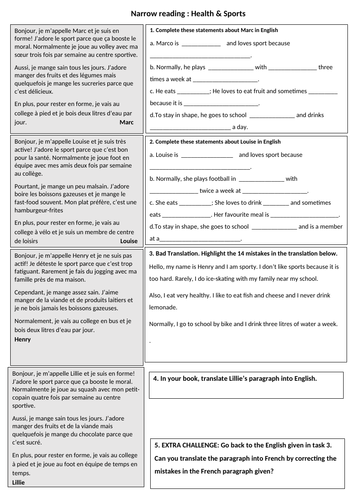 KS3 French Narrow Reading: Sport and Healthy Living