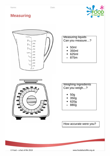 Cooking - Measuring Worksheet