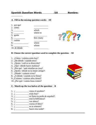 Spanish Question Words / Interrogatives Worksheet/ Quiz (Interrogativos)