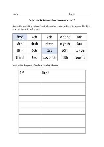 Mathematics Year 1 numeracy ordinal numbers worksheet number knowledge ...