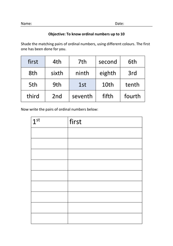 Mathematics Year 1 numeracy ordinal numbers worksheet number knowledge