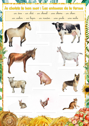 Handwriting (French): Farm animals (les animaux de la ferme)