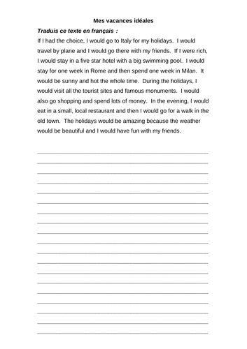 Mes vacances idéales - Ideal holiday translation into French