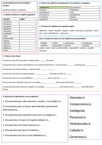 Spanish Character Description Worksheet Teaching Resources