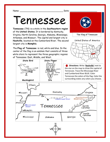 TENNESSEE - Introductory Geography Worksheet