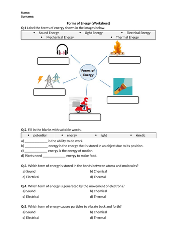 Forms of Energy - Worksheet | Distance Learning