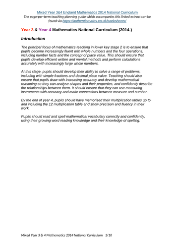 Year 3/4 maths curriculum extract for planning guide