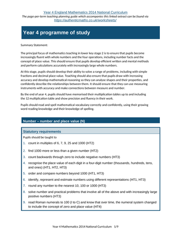 Year 4 maths curriculum extract for planning guide
