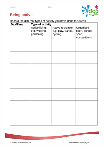 Healthy Eating - Being Active Worksheet