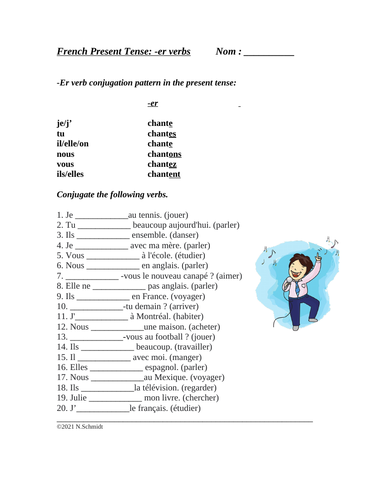 French -er verbs Present Tense Worksheet (20 short answer questions)