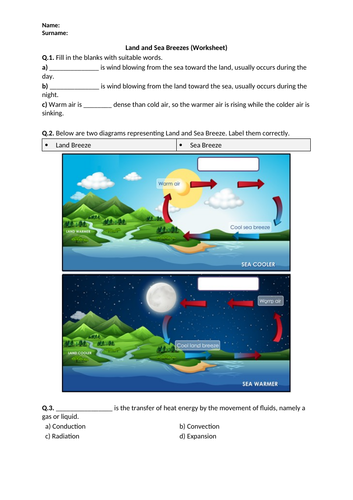 Land and Sea Breezes - Worksheet | Distance Learning