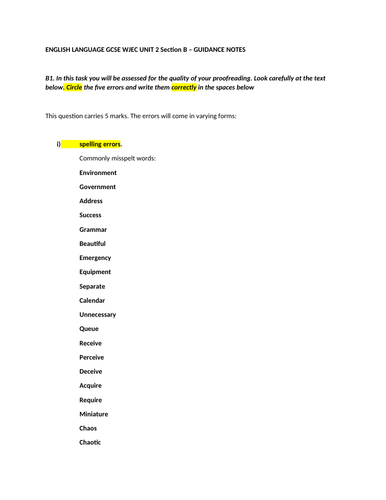 English Language WJEC revision sheet for Higher Paper proofreading and essays