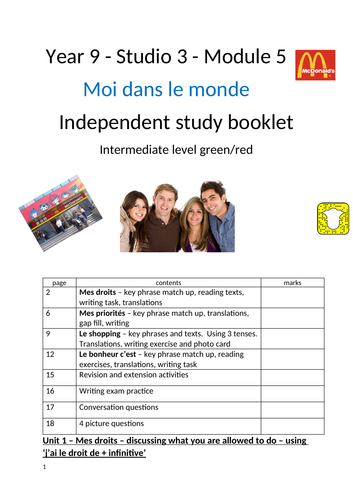 Studio 3 Module 5 Moi dans le monde Independent study workbook