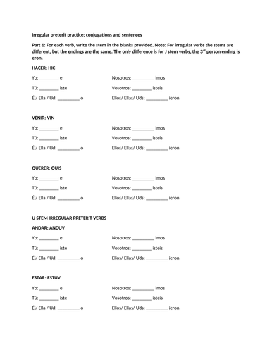 Preterit irregular verbs conjugation and sentence practice