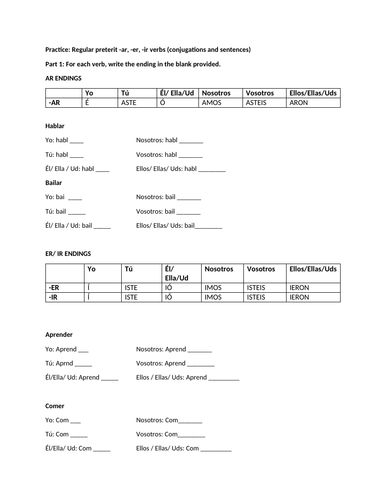 Regular preterit conjugation and sentence practice