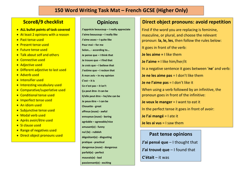 French GCSE 150-word writing mat - Higher - any exam board