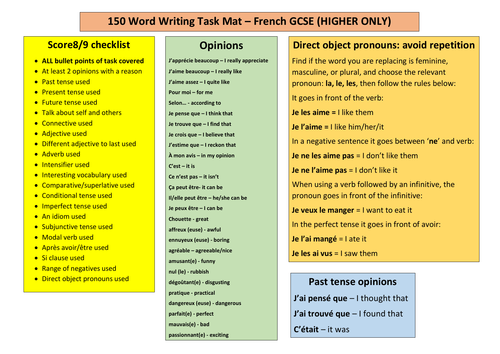 French GCSE 150-word writing mat - Higher - any exam board