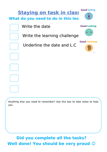 Staying on task in class- Visual aid