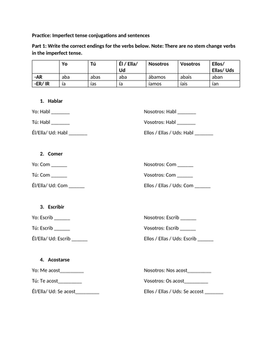 Imperfect tense conjugation questions and sentences